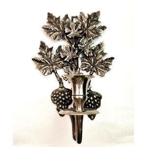Solid Brass Metal Wall Mount Candle Holder Sconce Silver-Tone Grapes~Leaves